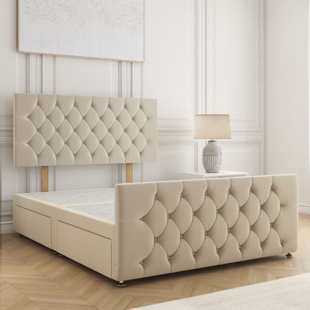 "BSSPOKE Maya Velvet Divan Bed 24"" Headboard & 2 Drawers Footend & No Mattress in Cream - Size: Super King" - image 1