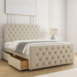 "BSSPOKE Maya Velvet Divan Bed 24"" Headboard & 2 Drawers Footend & No Mattress in Cream - Size: Super King" - thumbnail 2