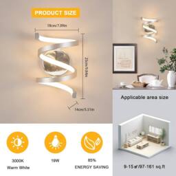Goeco Spiral Wall Lights, 20W Chrome Modern LED Wall Lamp, 3000K for Bedroom in Silver - thumbnail 5