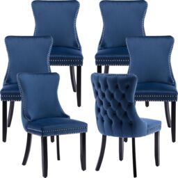 HomeTouch Sierra Set of 6 Lux Dining Chairs Velvet Tufted Wing Back Kitchen Chairs with Oak Wood Legs in Blue - Size: 6 Pack