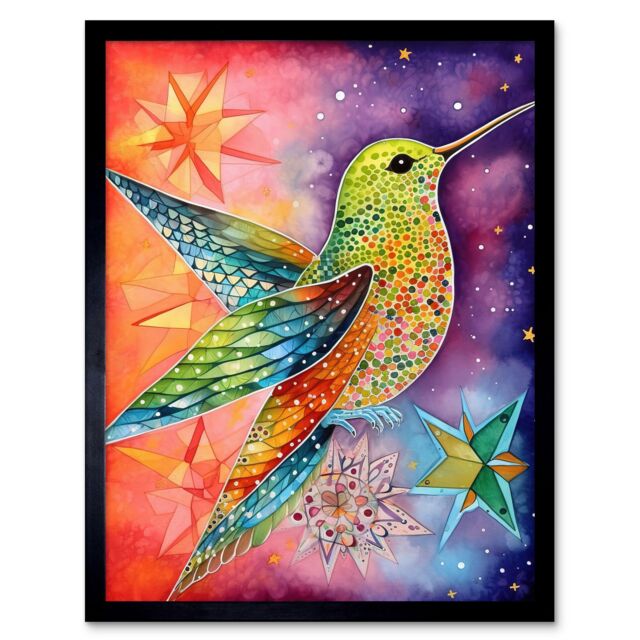 "Artery8 Wall Art Print Hummingbird In Vibrant Astral Field Folk Art Watercolour Painting Art Framed in Black - Size: W12"" x H16""" - image 1