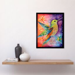 "Artery8 Wall Art Print Hummingbird In Vibrant Astral Field Folk Art Watercolour Painting Art Framed in Black - Size: W12"" x H16""" - thumbnail 2