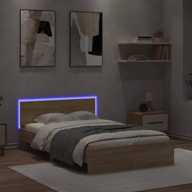 Berkfield Home Durable Bed Frame with Headboard & LED Sonoma Oak 120x200 cm in Light Oak - Size: Small Double - image 1