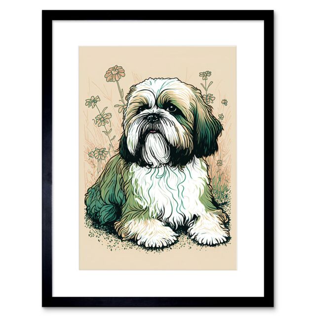 "Artery8 Wall Art Print Shih Tzu Dog with Daisies Modern Multicoloured Linocut Artwork Framed 9X7 Inch in Black - Size: W7"" x H9""" - image 1