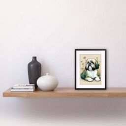 "Artery8 Wall Art Print Shih Tzu Dog with Daisies Modern Multicoloured Linocut Artwork Framed 9X7 Inch in Black - Size: W7"" x H9""" - thumbnail 2