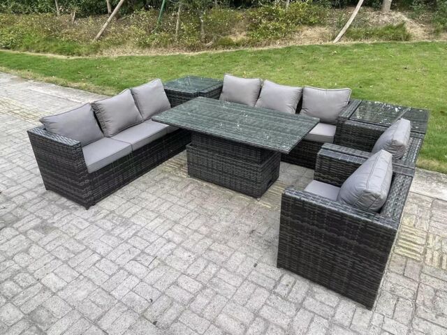 Fimous Wicker PE Garden Furniture Rattan Sofa Set Patio Adjustable Rising Lifting Dining Table Set with 2 Armchairs in Dark Grey - image 1