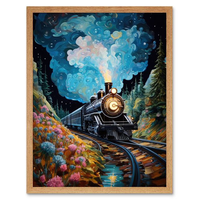 "Artery8 Wall Art Print Train Ride to Imagination Land Conceptual Art Oil Painting Dream Journey Railroad Art Framed in Light Oak - Size: W12"" x H16""" - image 1