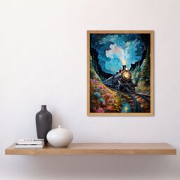 "Artery8 Wall Art Print Train Ride to Imagination Land Conceptual Art Oil Painting Dream Journey Railroad Art Framed in Light Oak - Size: W12"" x H16""" - thumbnail 2