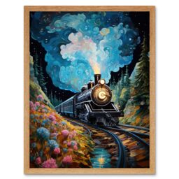 "Artery8 Wall Art Print Train Ride to Imagination Land Conceptual Art Oil Painting Dream Journey Railroad Art Framed in Light Oak - Size: W12"" x H16""" - thumbnail 1