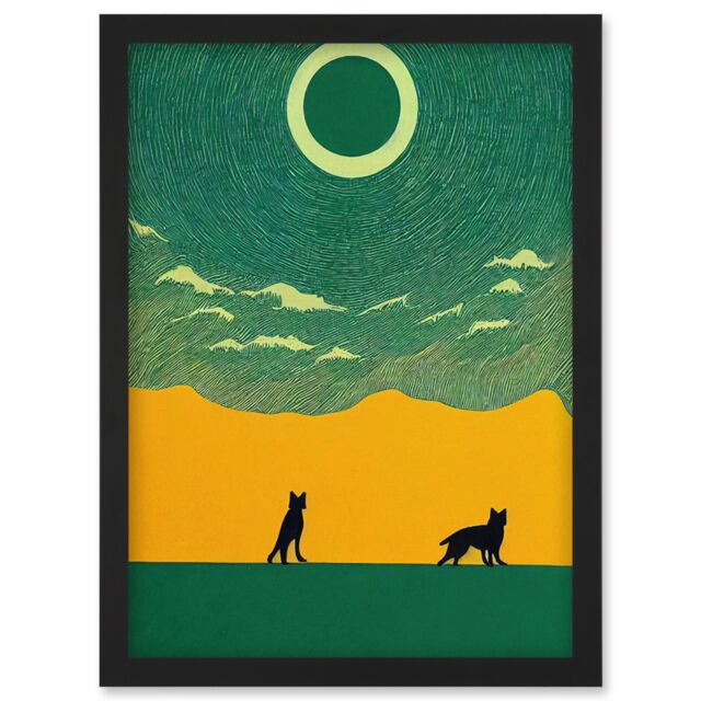 Artery8 Abstract Wolves Minimalist Surreal Sky Green Yellow Artwork Framed Wall Art Print A4 in Black - image 1