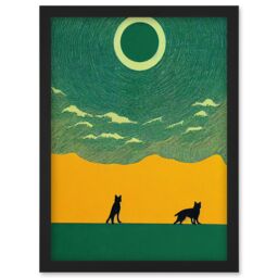 Artery8 Abstract Wolves Minimalist Surreal Sky Green Yellow Artwork Framed Wall Art Print A4 in Black - thumbnail 1