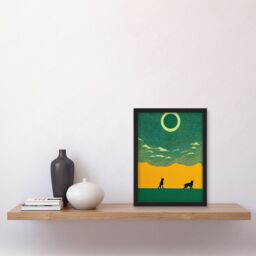 Artery8 Abstract Wolves Minimalist Surreal Sky Green Yellow Artwork Framed Wall Art Print A4 in Black - thumbnail 2