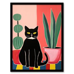 Artery8 Wall Art Print Black Cat & Succulents Henri Matisse Style Oil Painting Simple Pet Portrait with Potted Plants Artwork Framed - Size: A4 - thumbnail 1