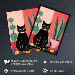 Artery8 Wall Art Print Black Cat & Succulents Henri Matisse Style Oil Painting Simple Pet Portrait with Potted Plants Artwork Framed - Size: A4 - thumbnail 2