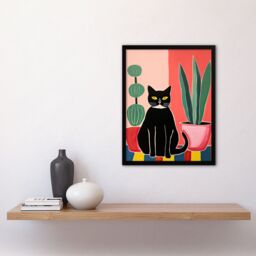 Artery8 Wall Art Print Black Cat & Succulents Henri Matisse Style Oil Painting Simple Pet Portrait with Potted Plants Artwork Framed - Size: A4 - thumbnail 4