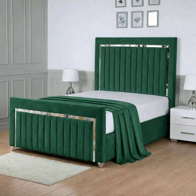 Living Comfort Bedz Chrome Edge Upholstered Slatted Base Bed with 48 Inch Headboard in Green - Size: Single - image 1