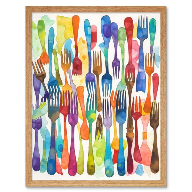 "Artery8 Wall Art Print Cutlery Pattern Multicoloured Forks Watercolour Painting Art Framed in Light Oak - Size: W12"" x H16""" - image 1