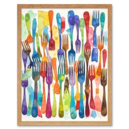 "Artery8 Wall Art Print Cutlery Pattern Multicoloured Forks Watercolour Painting Art Framed in Light Oak - Size: W12"" x H16""" - thumbnail 1