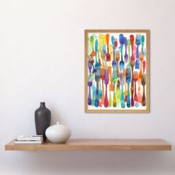 "Artery8 Wall Art Print Cutlery Pattern Multicoloured Forks Watercolour Painting Art Framed in Light Oak - Size: W12"" x H16""" - thumbnail 2