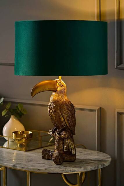 ValueLights Tuki Toucan Velvet Metallic Drum Lamp Shade Bronze Table Lamp & Bulb in Bottle Green - image 1