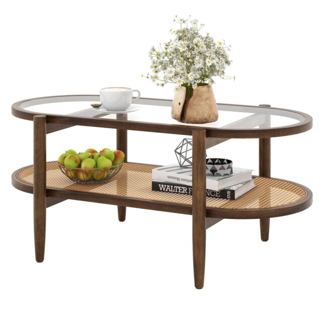 Costway 2-Tier Coffee Table Rattan Center Cocktail Tea Table Tempered Glass Tabletop in Brown - image 1