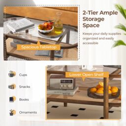 Costway 2-Tier Coffee Table Rattan Center Cocktail Tea Table Tempered Glass Tabletop in Brown - thumbnail 4