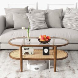 Costway 2-Tier Coffee Table Rattan Center Cocktail Tea Table Tempered Glass Tabletop in Brown - thumbnail 6