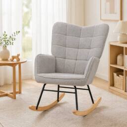 STILVORA Rocking Armchair with Wooden Base in Light Grey - thumbnail 1