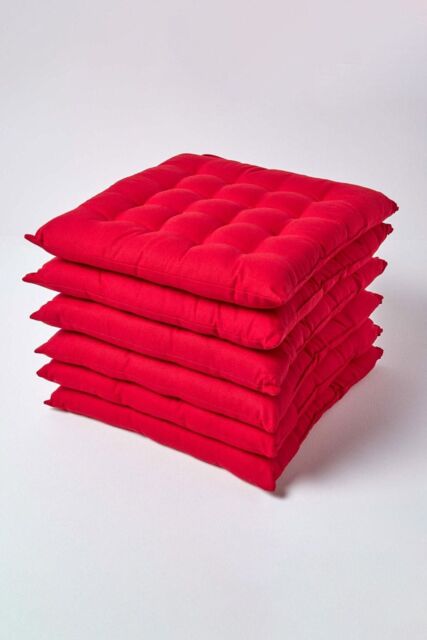 Homescapes 6 Pack Seat Pads Luxury 100% Cotton Indoor Outdoor Garden Cushion, 40cm in Red - Size: 40 cm x 40 cm - image 1