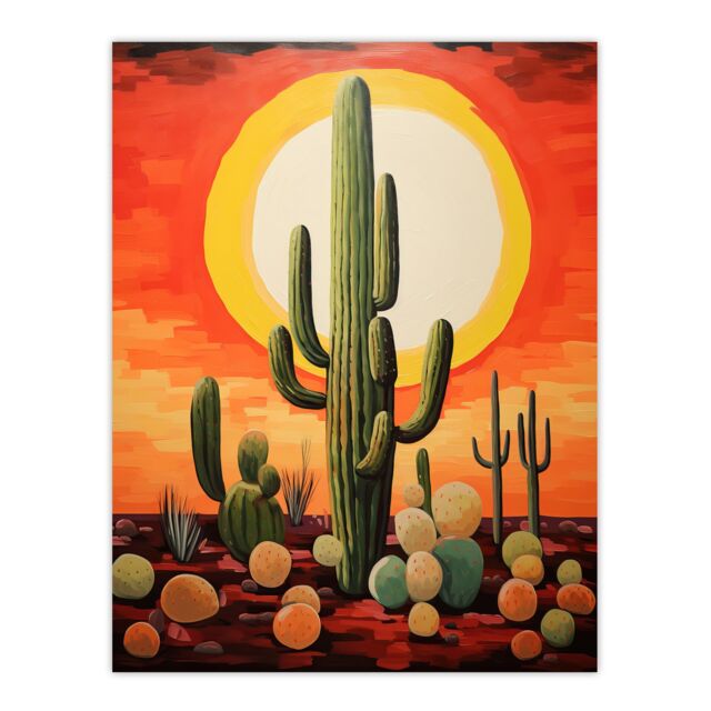 "Artery8 Wall Art Print Desert Cactus At Noon Artwork Painting White Hot Sun Red Yellow South America La Guajira Poster - Size: W12"" x H16""" - image 1
