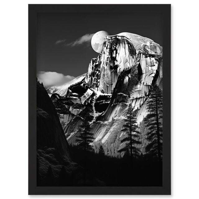 Artery8 Wall Art Print Moonrise Behind Half Dome High Contrast Black White Photograph Yosemite National Park Full Moon & Mountain Forest Landscape - image 1