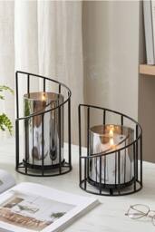 Living and Home Set of 2 Lantern Candle Holders in Black - thumbnail 2