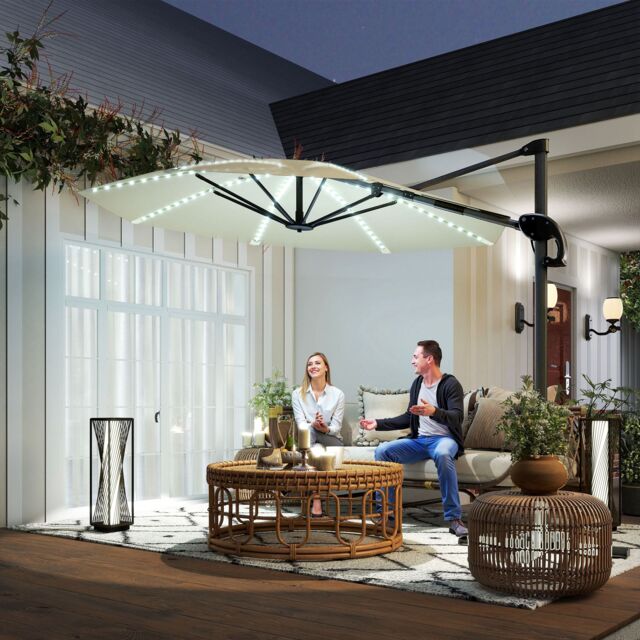 OUTSUNNY 3(m) Garden Parasol w/ Lights, Crank Handle & Cross Base, Cream - image 1