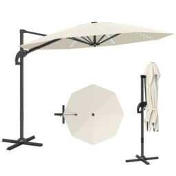 OUTSUNNY 3(m) Garden Parasol w/ Lights, Crank Handle & Cross Base, Cream - thumbnail 2