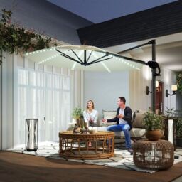 OUTSUNNY 3(m) Garden Parasol w/ Lights, Crank Handle & Cross Base, Cream - thumbnail 1