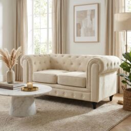 Bravich LTD Chesterfield Scroll Arm Velvet Sofa Buttoned Back Living Room Settee in Beige - Size: 2 Seater - thumbnail 2