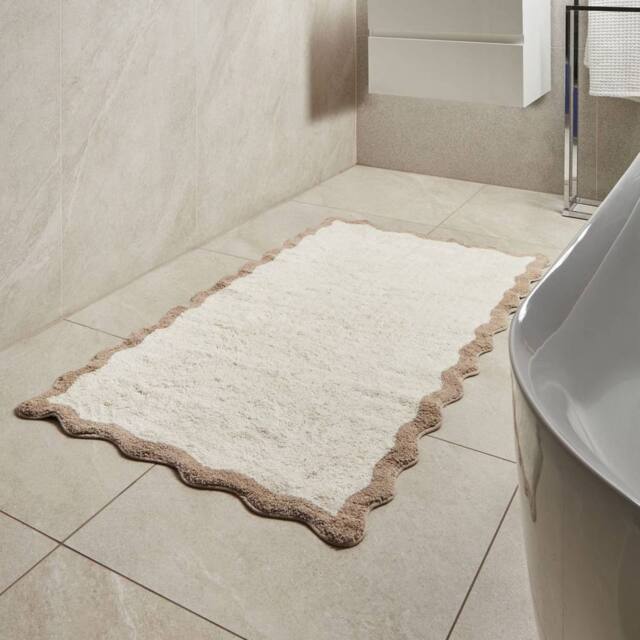 Wyld and Coco Beige Brown Plush Cotton Bath Mat Wavy Edge Geometric Design - Size: 80 cm - image 1