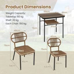 KORVIXA Space-Saving Wicker Breakfast Set 3 Piece Patio Dining Set in Brown - Size: 100 cm x 100 cm - thumbnail 2