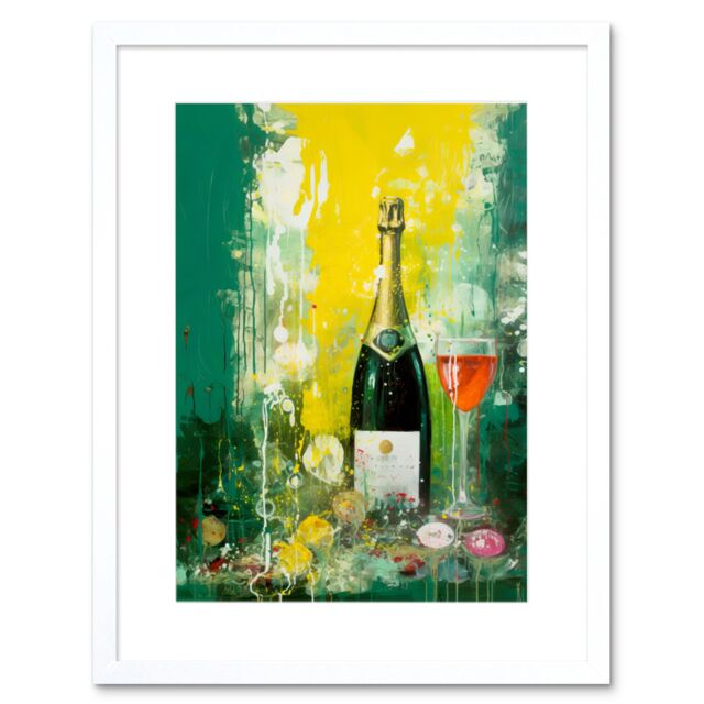 "Artery8 Wall Art Print Bubbly Pink Champagne Sparkling Wine Celebration Artwork Framed 9X7 Inch in White - Size: W7"" x H9""" - image 1