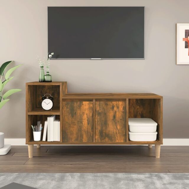 Berkfield Home TV Cabinet Smoked Oak 100x35x55 cm Engineered Wood in Brown - Size: 100 x 35 x 55 cm - image 1