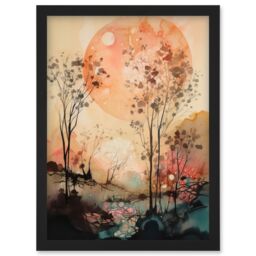 Artery8 Misty Riverside Trees Sunset Landscape Modern Boho Watercolour Painting Artwork Framed Wall Art Print A4 in Black - thumbnail 1
