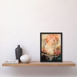 Artery8 Misty Riverside Trees Sunset Landscape Modern Boho Watercolour Painting Artwork Framed Wall Art Print A4 in Black - thumbnail 2