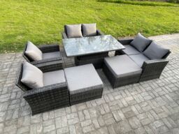 Fimous 8 Seater Wicker Rattan Garden Furniture Rising Table Set with 2 Big Footstool Double Seat Sofa Armchairs Dark Grey Mixed - thumbnail 2