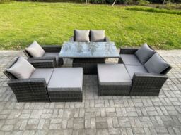 Fimous 8 Seater Wicker Rattan Garden Furniture Rising Table Set with 2 Big Footstool Double Seat Sofa Armchairs Dark Grey Mixed - thumbnail 1