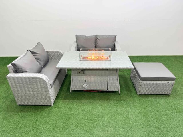Fimous 5 Seater Outdoor Love Sofa Set Rattan Garden Furniture Set with Firepit Dining Table Big Footstool Light Grey - image 1