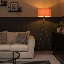 ValueLights Camden Polished Chrome Tripod Floor Lamp with Pink Drum Lamp Shade in Dusty Pink - thumbnail 5