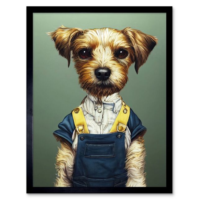 "Artery8 Wall Art Print Dog In Dungarees Detailed Portrait Photorealistic Art Framed in Black - Size: W12"" x H16""" - image 1