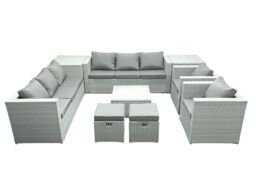 Fimous Outdoor Rattan Sofa Garden Furniture Set with 2 Armchairs Square Coffee Table 2 Small Footstools 2 Side Tables Light Grey Mixed - thumbnail 1