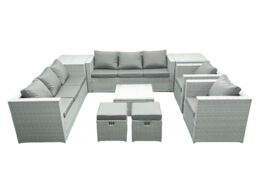 Fimous Outdoor Rattan Sofa Garden Furniture Set with 2 Armchairs Square Coffee Table 2 Small Footstools 2 Side Tables Light Grey Mixed - thumbnail 2
