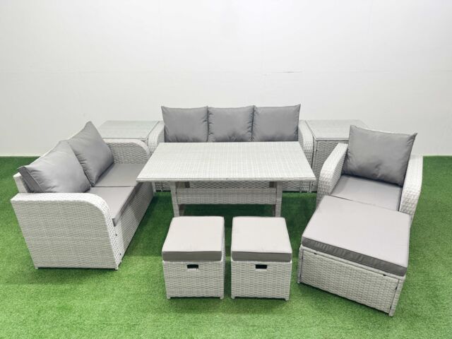 Fimous Patio PE Wicker 9 Seater Outdoor Rattan Furniture Sofa Sets w/ Rectangular Dining Table Reclining Chair Loveseat Sofa 3 Seater Sofa Stool 2 - image 1